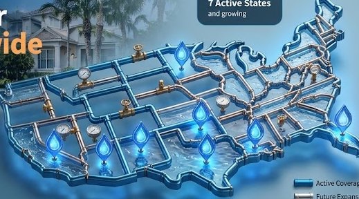 3D Plumbing Pipe Network United States Map highlighting active slab leak coverage