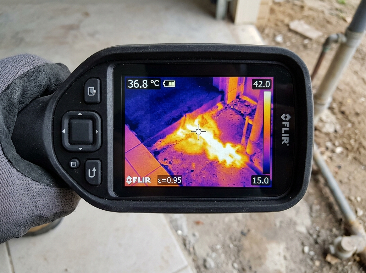 Thermal imaging scan revealing hot water line leak under tile floor
